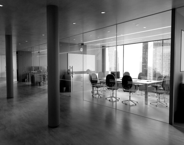 View of a Glass Office Room Wall Mockup - 3d rendering